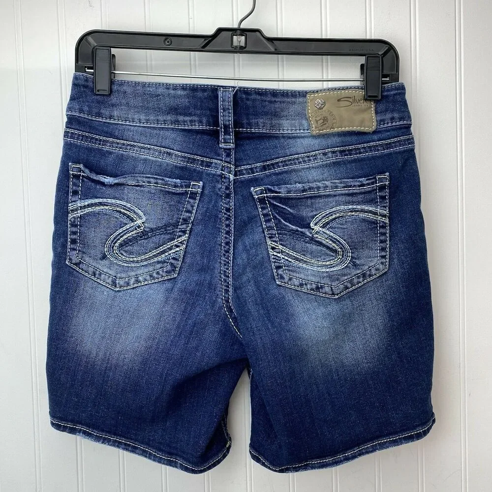 Silver Suki Mid Shorts 27 Blue Stretch Denim Jean Dark Wash Distressed